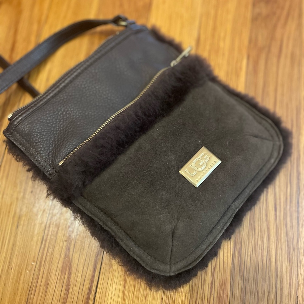 UGG Dark Brown Shearling Trim Crossbody Bag